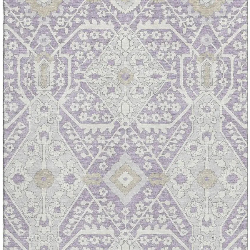 Lavender Gray And Beige Floral Washable Area Rug With UV Protection Photo 4