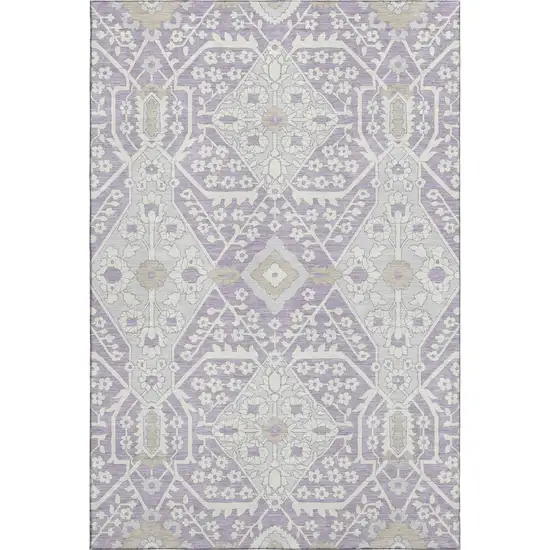Lavender Gray And Beige Floral Washable Area Rug With UV Protection Photo 2