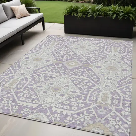 Lavender Gray And Beige Floral Washable Indoor Outdoor Area Rug Photo 2