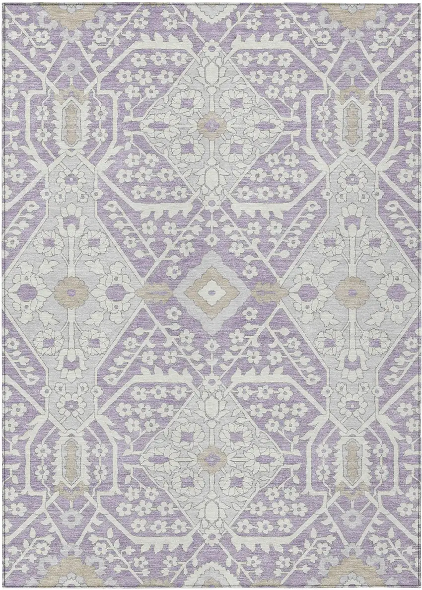 Lavender Gray And Beige Floral Washable Indoor Outdoor Area Rug Photo 2