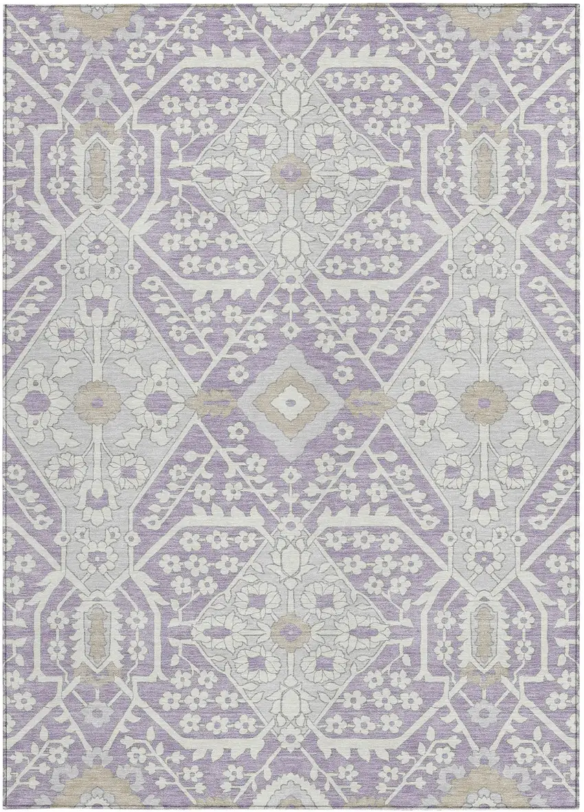 Lavender Gray And Beige Floral Washable Indoor Outdoor Area Rug Photo 8