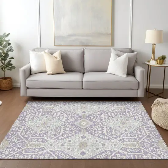 Lavender Gray And Beige Floral Washable Indoor Outdoor Area Rug Photo 9