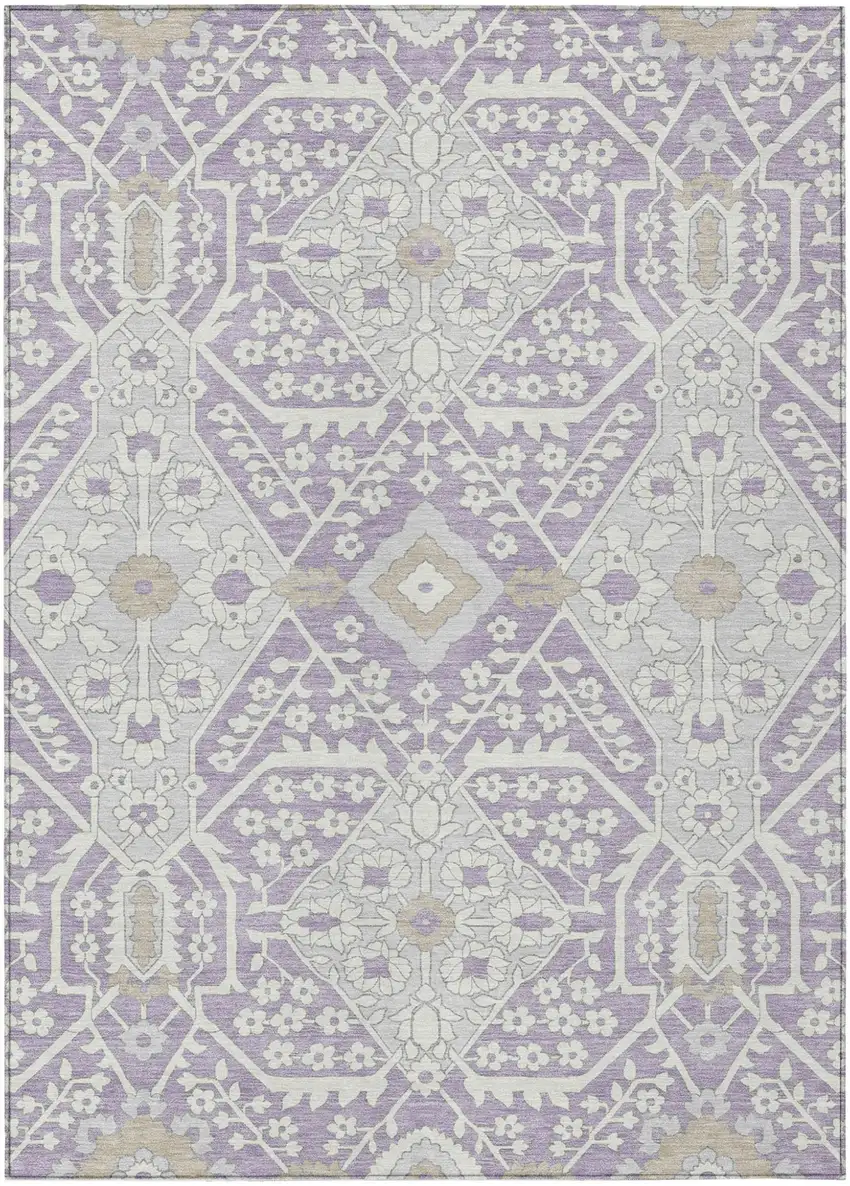 Lavender Gray And Beige Floral Washable Indoor Outdoor Area Rug Photo 2