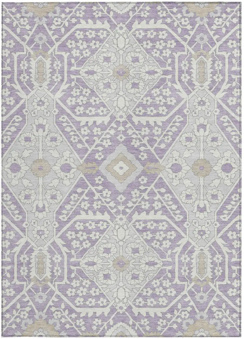 Lavender Gray And Beige Floral Washable Indoor Outdoor Area Rug Photo 7