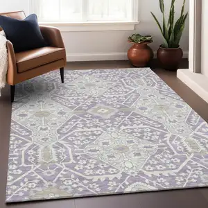 Photo of Lavender Gray And Beige Floral Washable Indoor Outdoor Area Rug
