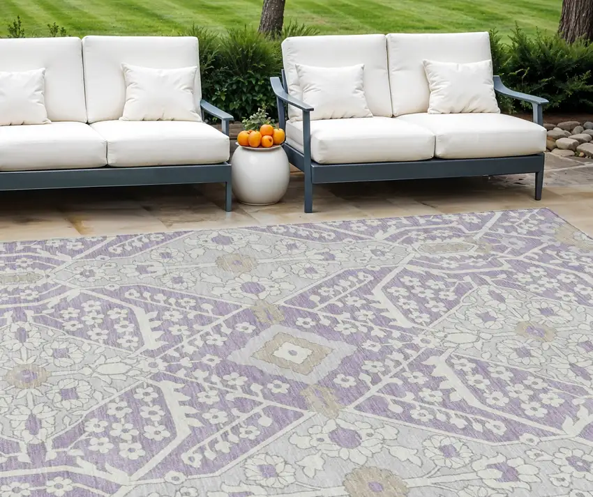 Lavender Gray And Beige Floral Washable Indoor Outdoor Area Rug Photo 1