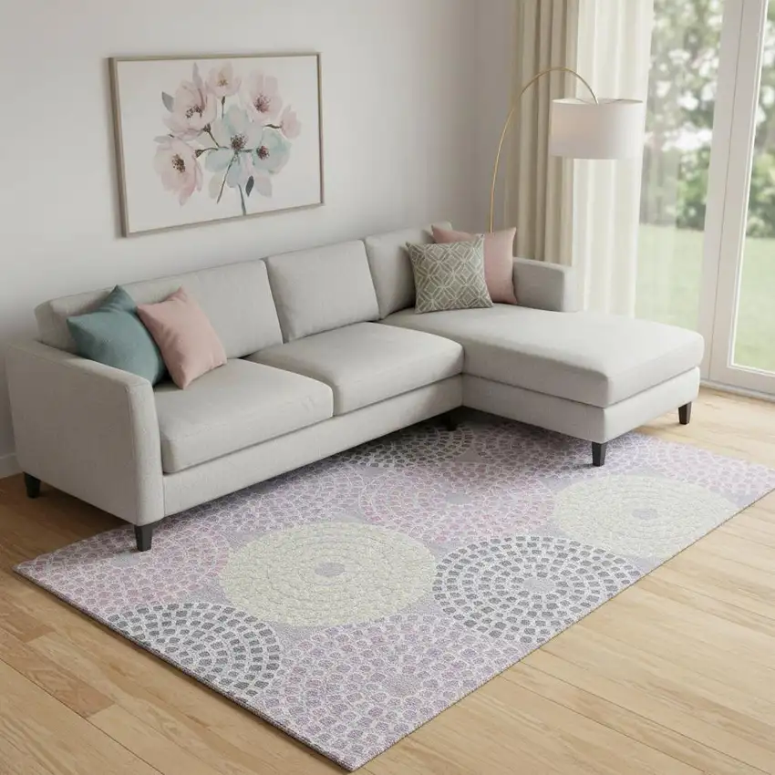 Lavender Gray And Blush Geometric Washable Area Rug With UV Protection Photo 1