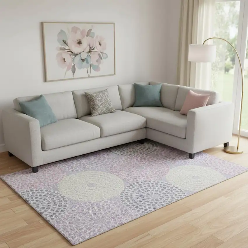 Lavender Gray And Blush Geometric Washable Area Rug With UV Protection Photo 1