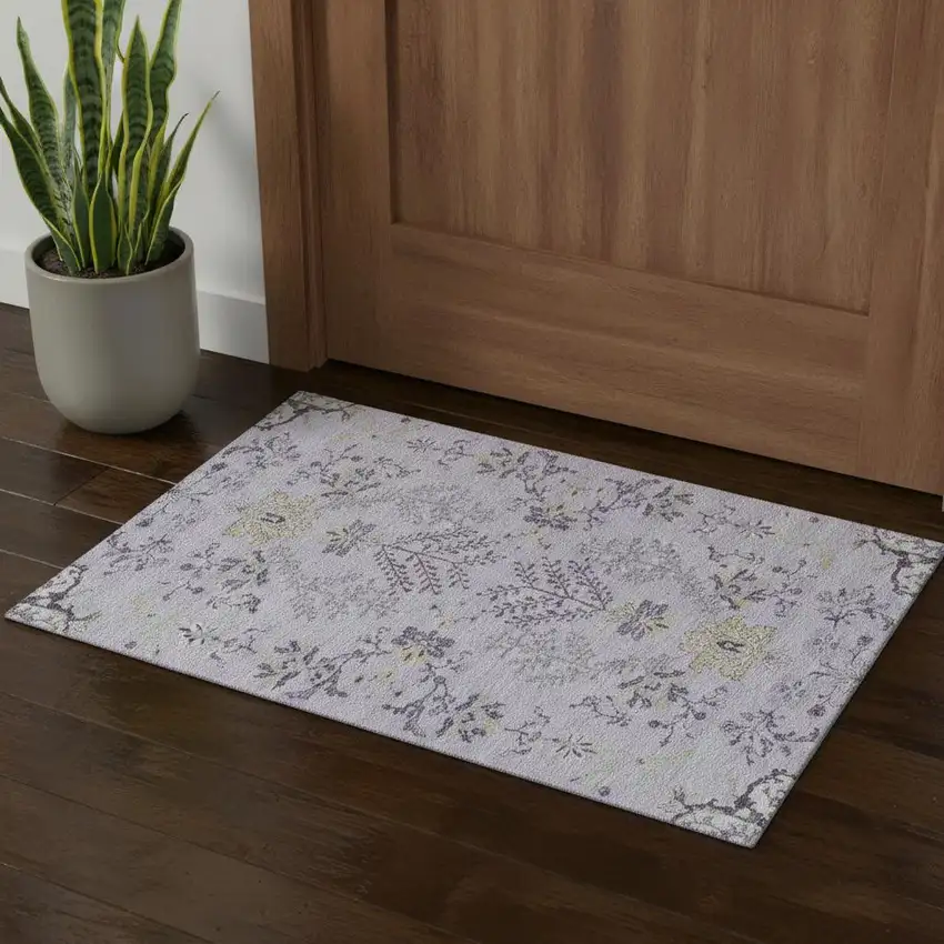 Lavender Gray And Gold Floral Washable Area Rug With UV Protection Photo 1
