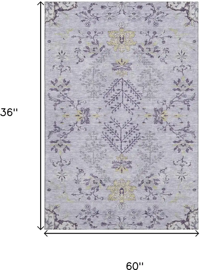 Lavender Gray And Gold Floral Washable Area Rug With UV Protection Photo 3