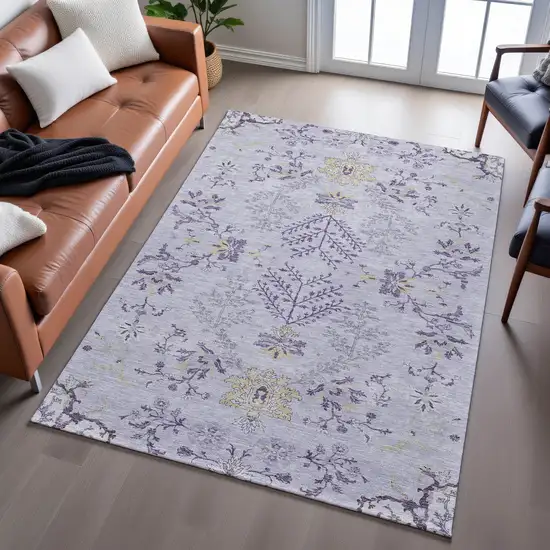 Lavender Gray And Gold Floral Washable Area Rug With UV Protection Photo 4
