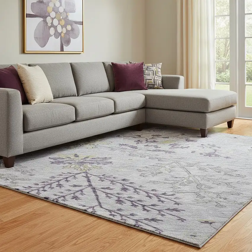 Lavender Gray And Gold Floral Washable Area Rug With UV Protection Photo 2