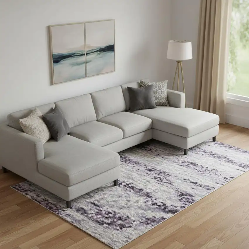 Lavender Gray And Gold Floral Washable Area Rug With UV Protection Photo 2