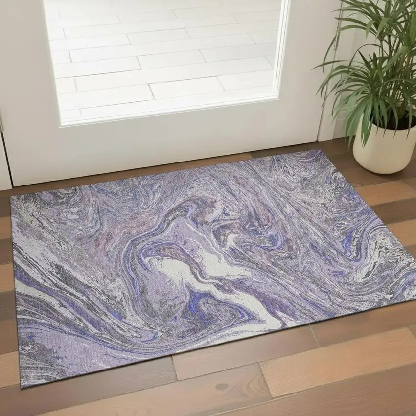 Lavender Gray And Ivory Abstract Washable Area Rug With UV Protection Photo 2