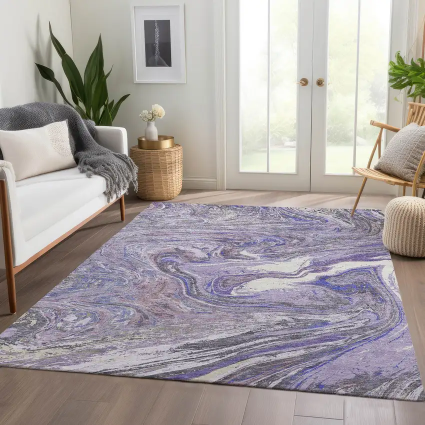 Lavender Gray And Ivory Abstract Washable Area Rug With UV Protection Photo 5