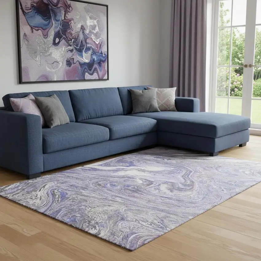 Lavender Gray And Ivory Abstract Washable Area Rug With UV Protection Photo 2