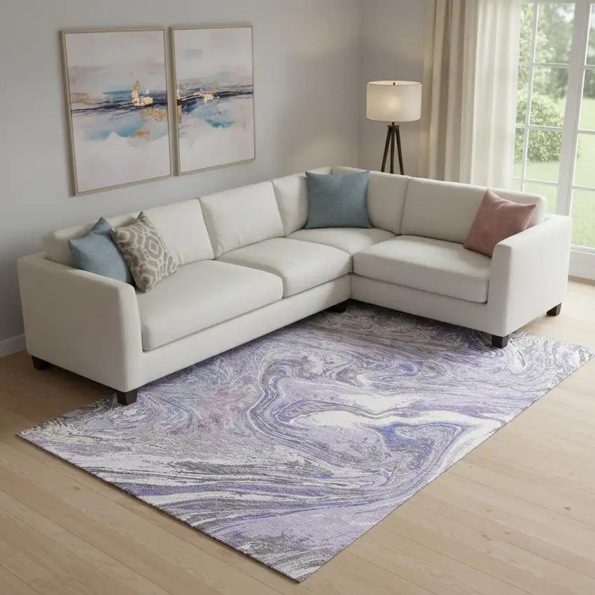 Lavender Gray And Ivory Abstract Washable Area Rug With UV Protection Photo 2