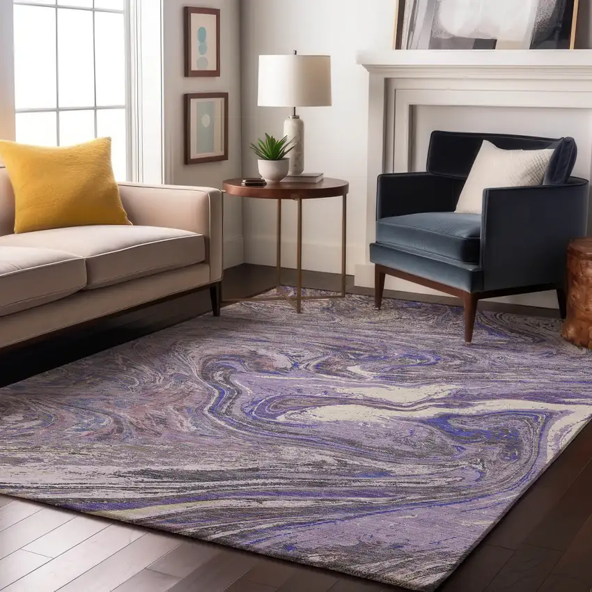 Lavender Gray And Ivory Abstract Washable Area Rug With UV Protection Photo 4