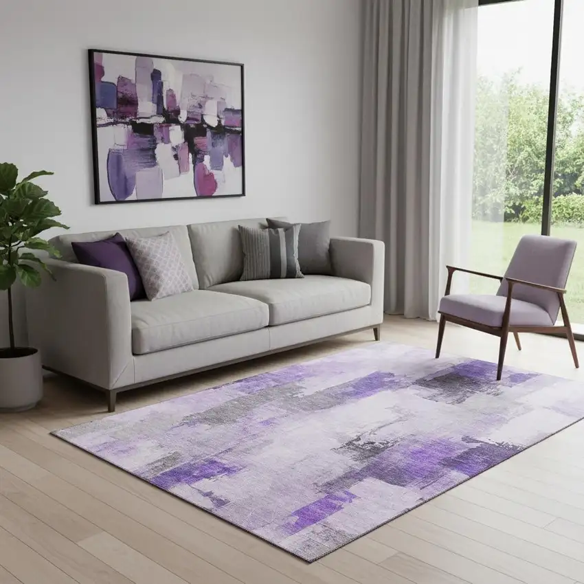 Lavender Gray And Ivory Abstract Washable Area Rug With UV Protection Photo 2