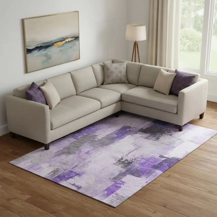 Lavender Gray And Ivory Abstract Washable Area Rug With UV Protection Photo 2