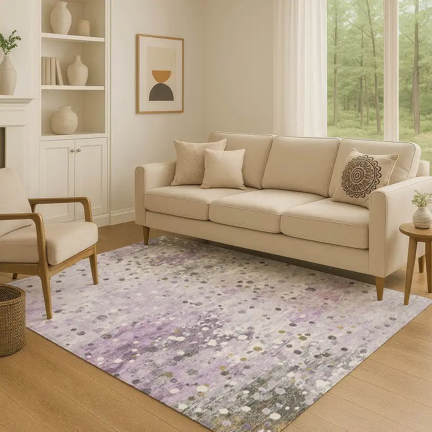 Lavender Gray And Ivory Abstract Washable Area Rug With UV Protection Photo 4