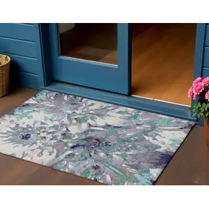 Photo of Lavender Gray And Ivory Floral Washable Indoor Outdoor Area Rug