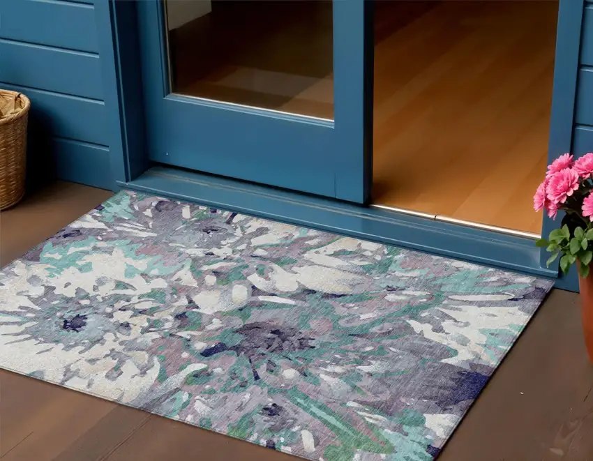 Lavender Gray And Ivory Floral Washable Indoor Outdoor Area Rug Photo 1