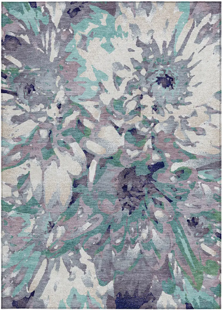 Lavender Gray And Ivory Floral Washable Indoor Outdoor Area Rug Photo 4