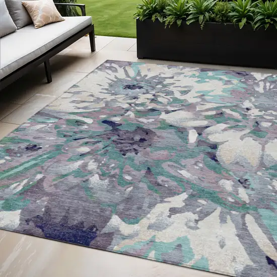 Lavender Gray And Ivory Floral Washable Indoor Outdoor Area Rug Photo 1