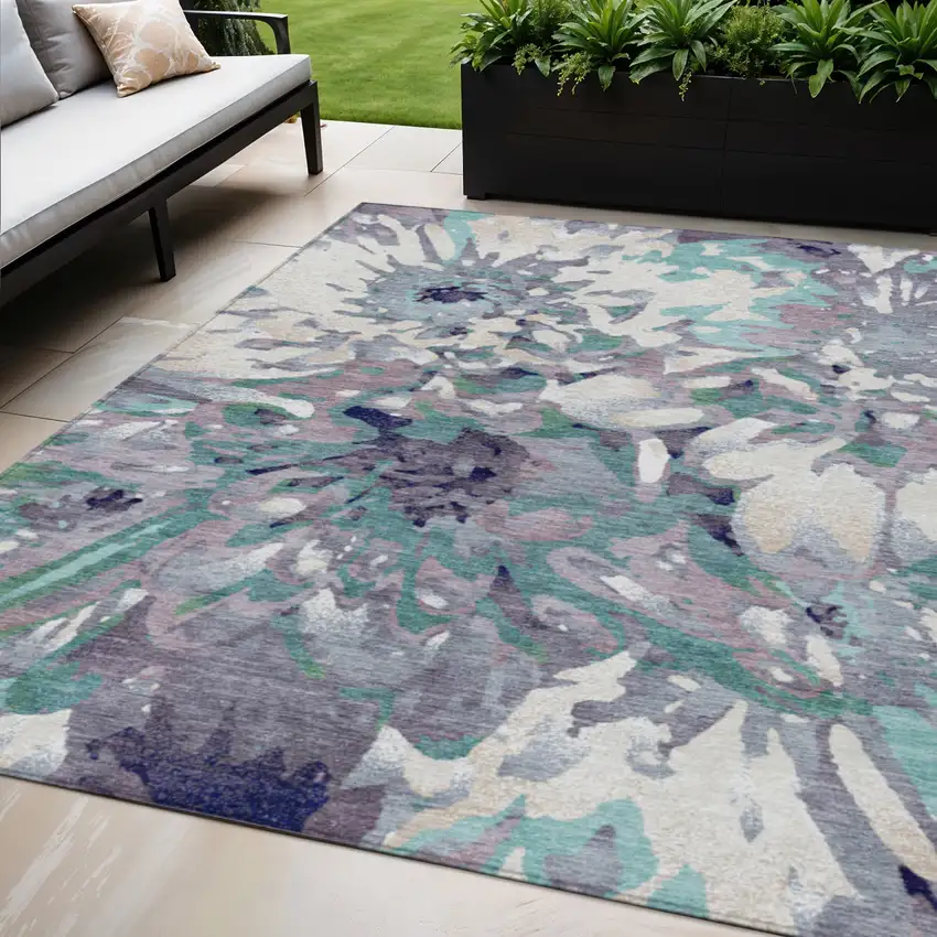 Lavender Gray And Ivory Floral Washable Indoor Outdoor Area Rug Photo 1