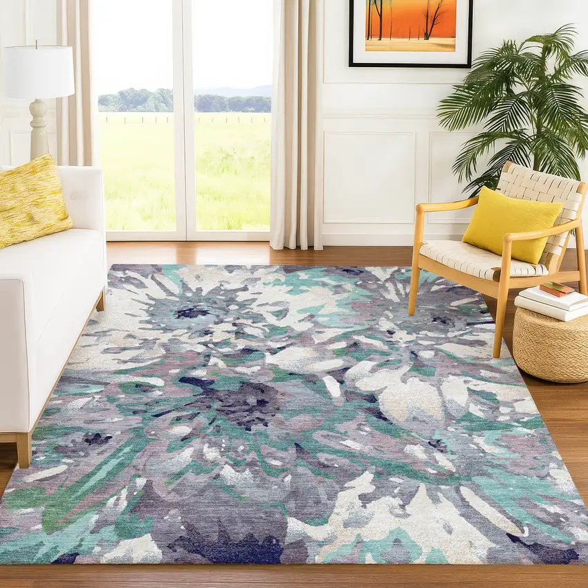 Lavender Gray And Ivory Floral Washable Indoor Outdoor Area Rug Photo 9