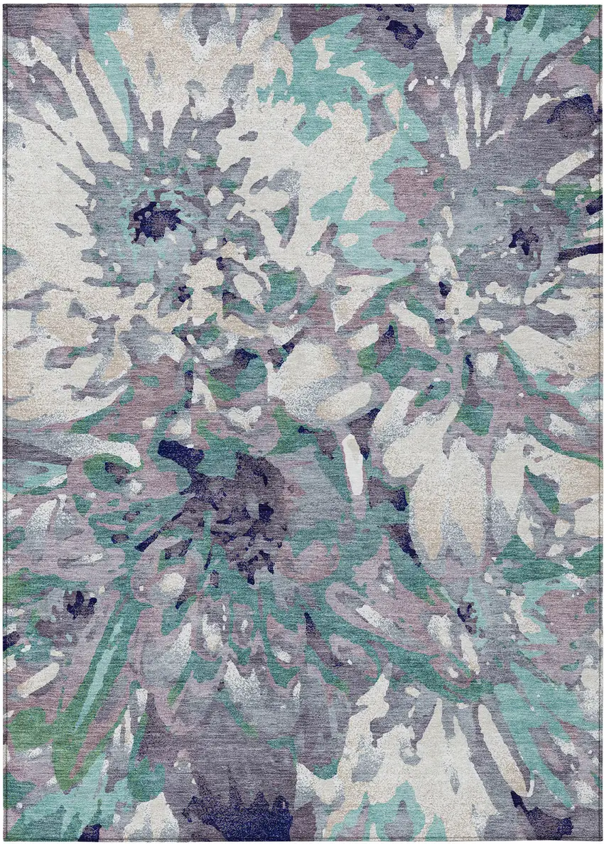 Lavender Gray And Ivory Floral Washable Indoor Outdoor Area Rug Photo 2