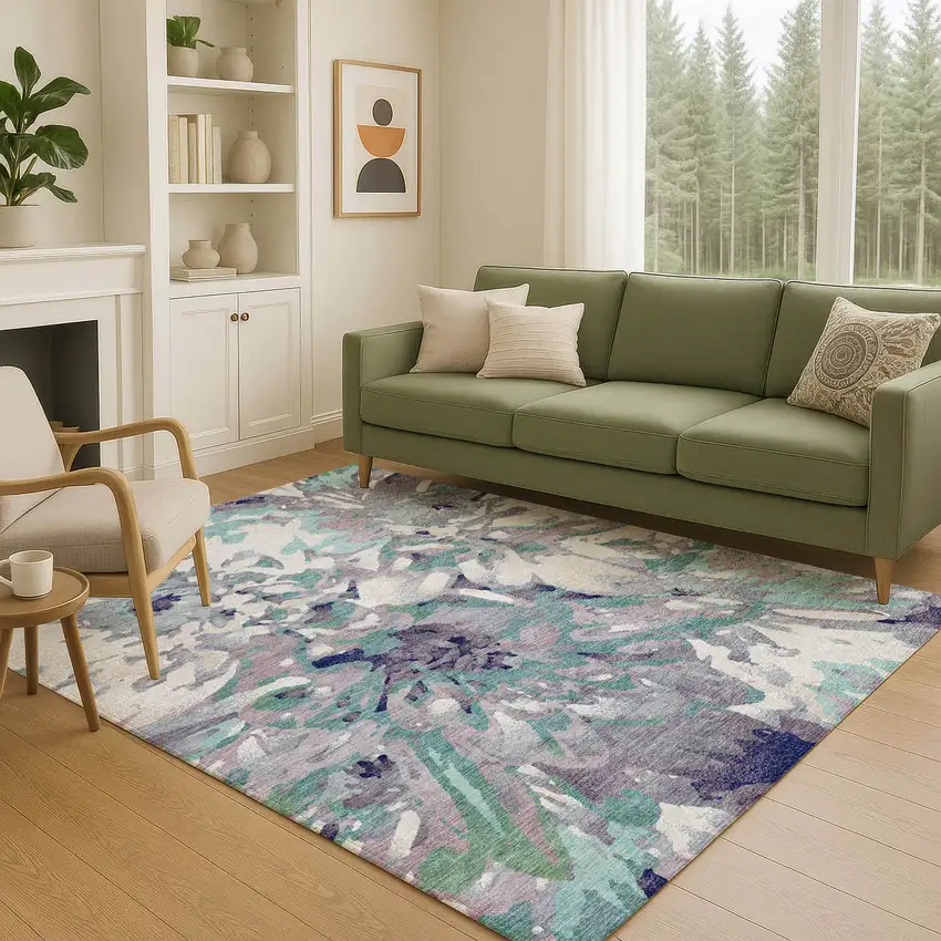 Lavender Gray And Ivory Floral Washable Indoor Outdoor Area Rug Photo 9