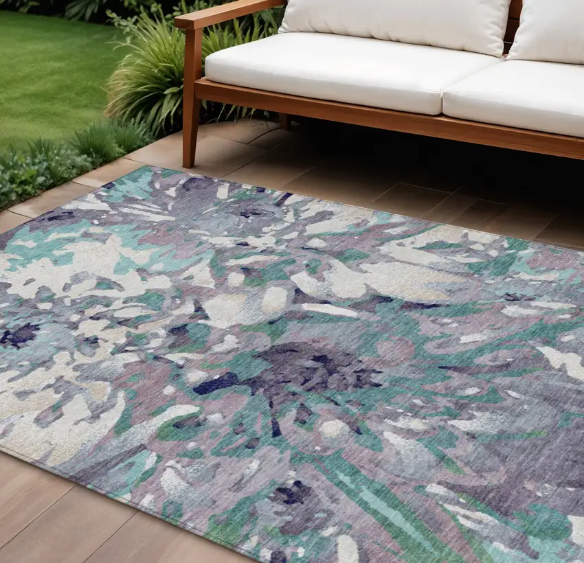 Lavender Gray And Ivory Floral Washable Indoor Outdoor Area Rug Photo 1