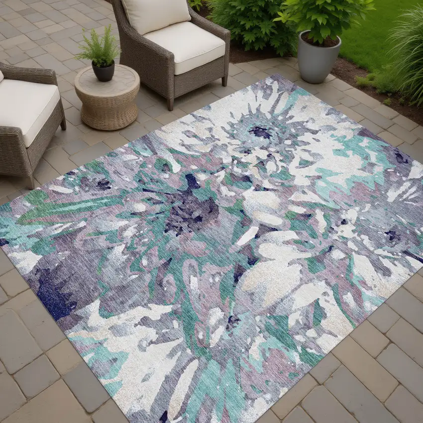 Lavender Gray And Ivory Floral Washable Indoor Outdoor Area Rug Photo 9