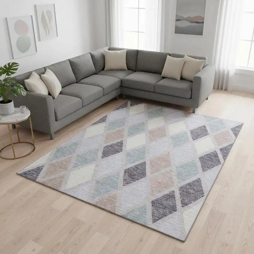Lavender Gray And Ivory Geometric Washable Area Rug With UV Protection Photo 2