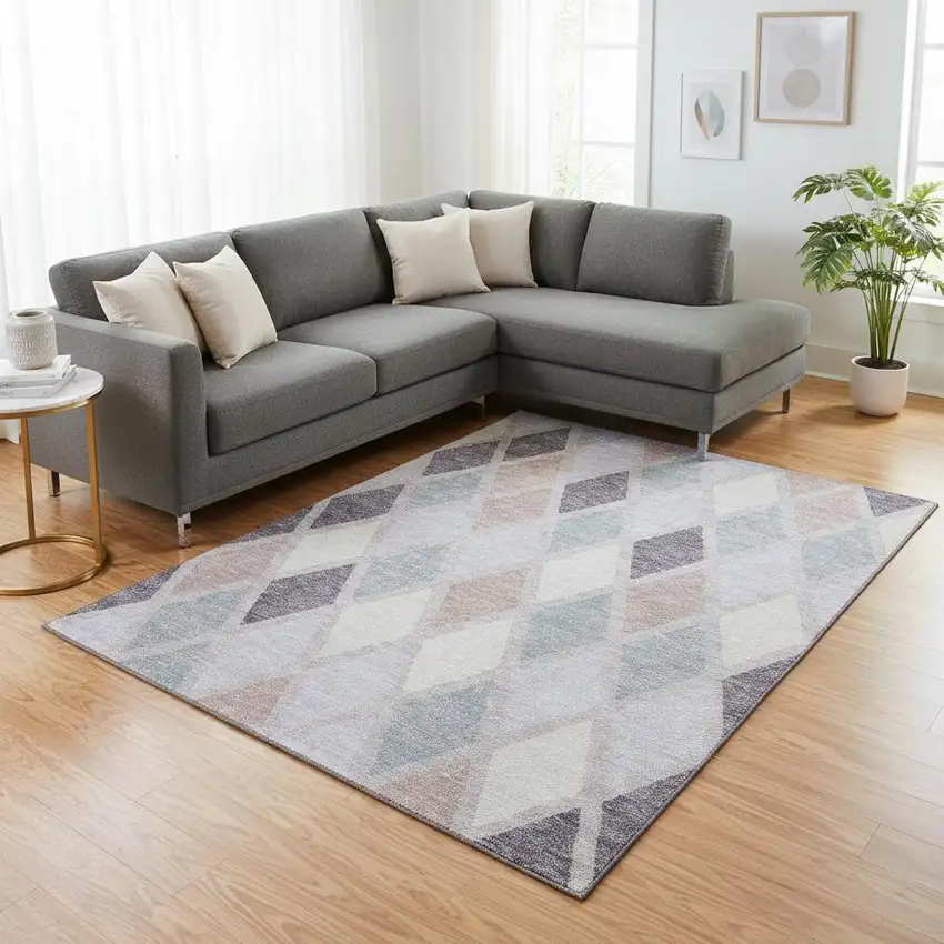 Lavender Gray And Ivory Geometric Washable Area Rug With UV Protection Photo 2