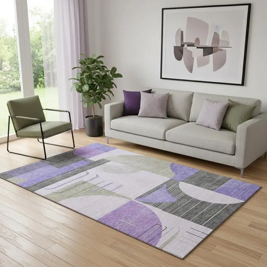 Lavender Gray And Ivory Geometric Washable Area Rug With UV Protection Photo 2