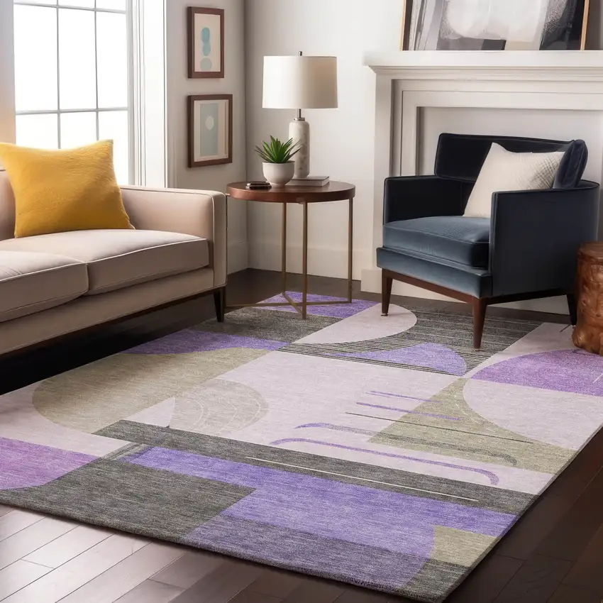 Lavender Gray And Ivory Geometric Washable Area Rug With UV Protection Photo 5
