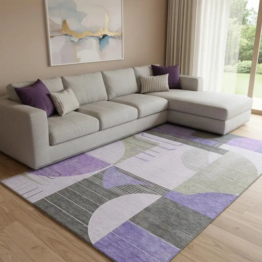 Lavender Gray And Ivory Geometric Washable Area Rug With UV Protection Photo 2