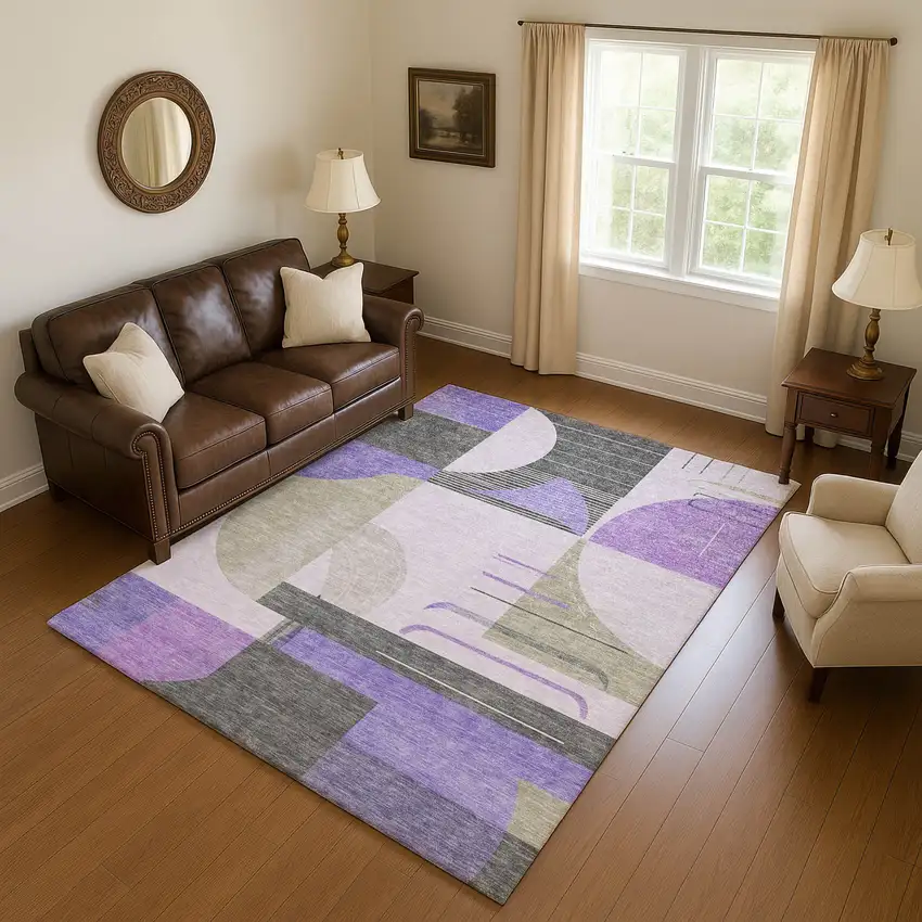 Lavender Gray And Ivory Geometric Washable Area Rug With UV Protection Photo 4
