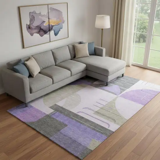 Lavender Gray And Ivory Geometric Washable Area Rug With UV Protection Photo 2