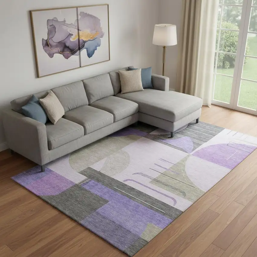 Lavender Gray And Ivory Geometric Washable Area Rug With UV Protection Photo 2