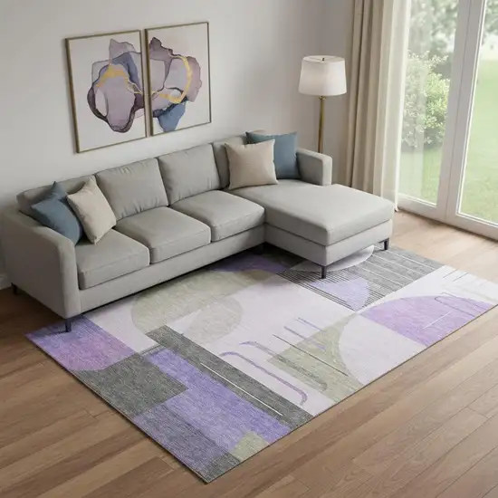 Lavender Gray And Ivory Geometric Washable Area Rug With UV Protection Photo 2