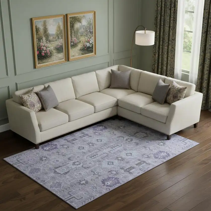 Lavender Gray And Ivory Oriental Washable Area Rug With UV Protection Photo 1