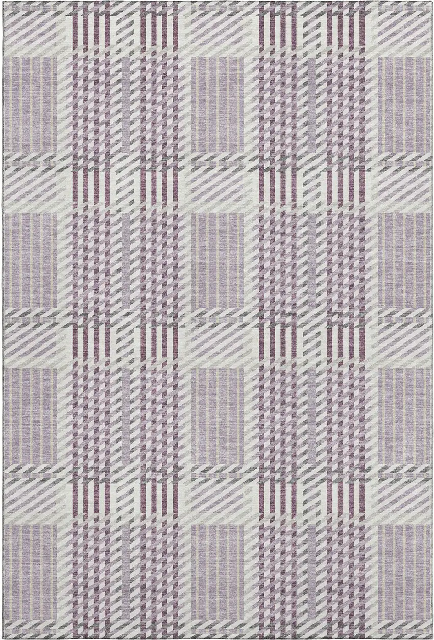 Lavender Gray And Ivory Plaid Washable Area Rug With UV Protection Photo 1