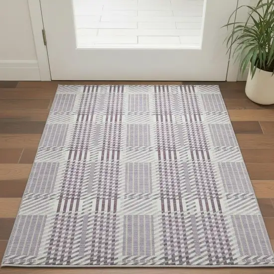 Lavender Gray And Ivory Plaid Washable Area Rug With UV Protection Photo 2