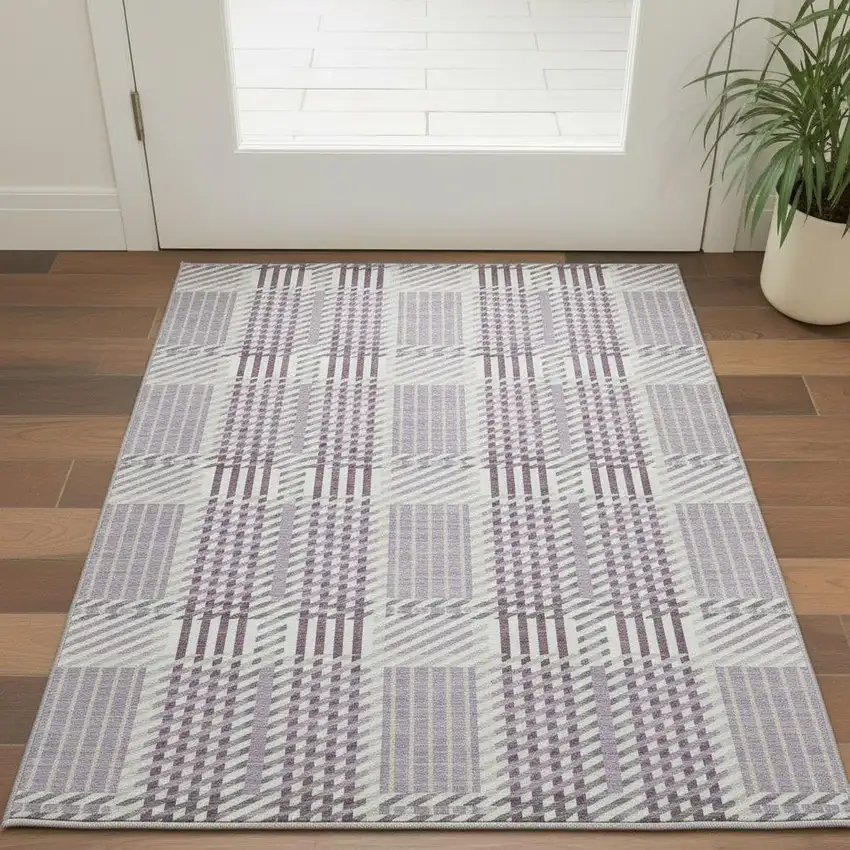 Lavender Gray And Ivory Plaid Washable Area Rug With UV Protection Photo 2