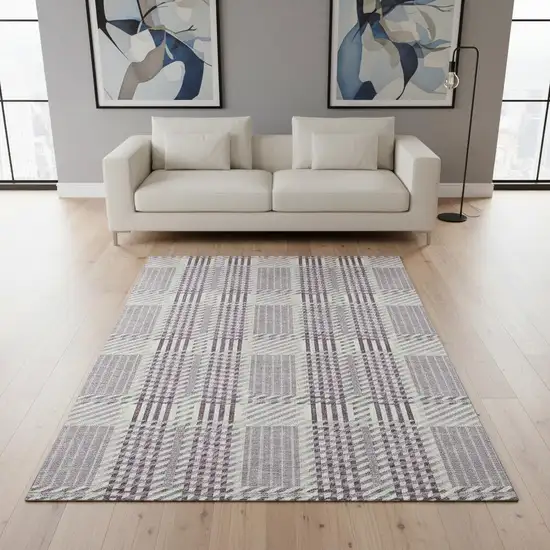 Lavender Gray And Ivory Plaid Washable Area Rug With UV Protection Photo 2