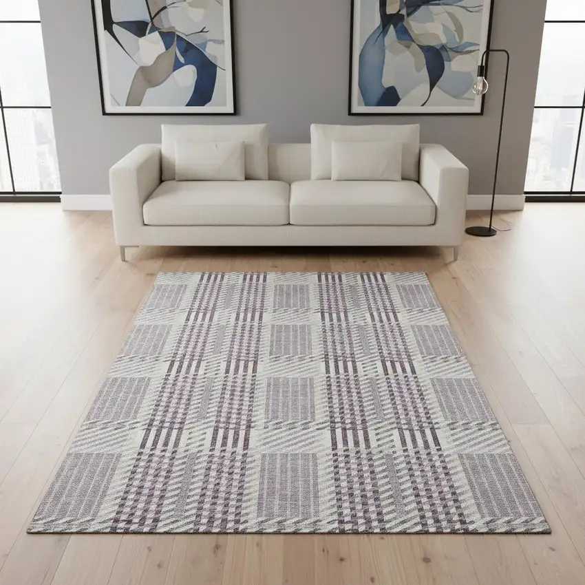 Lavender Gray And Ivory Plaid Washable Area Rug With UV Protection Photo 2